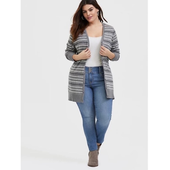 Torrid Pastel Stripe & Gray Button Front Boyfriend Cardigan - 1X - Picture 2 of 14